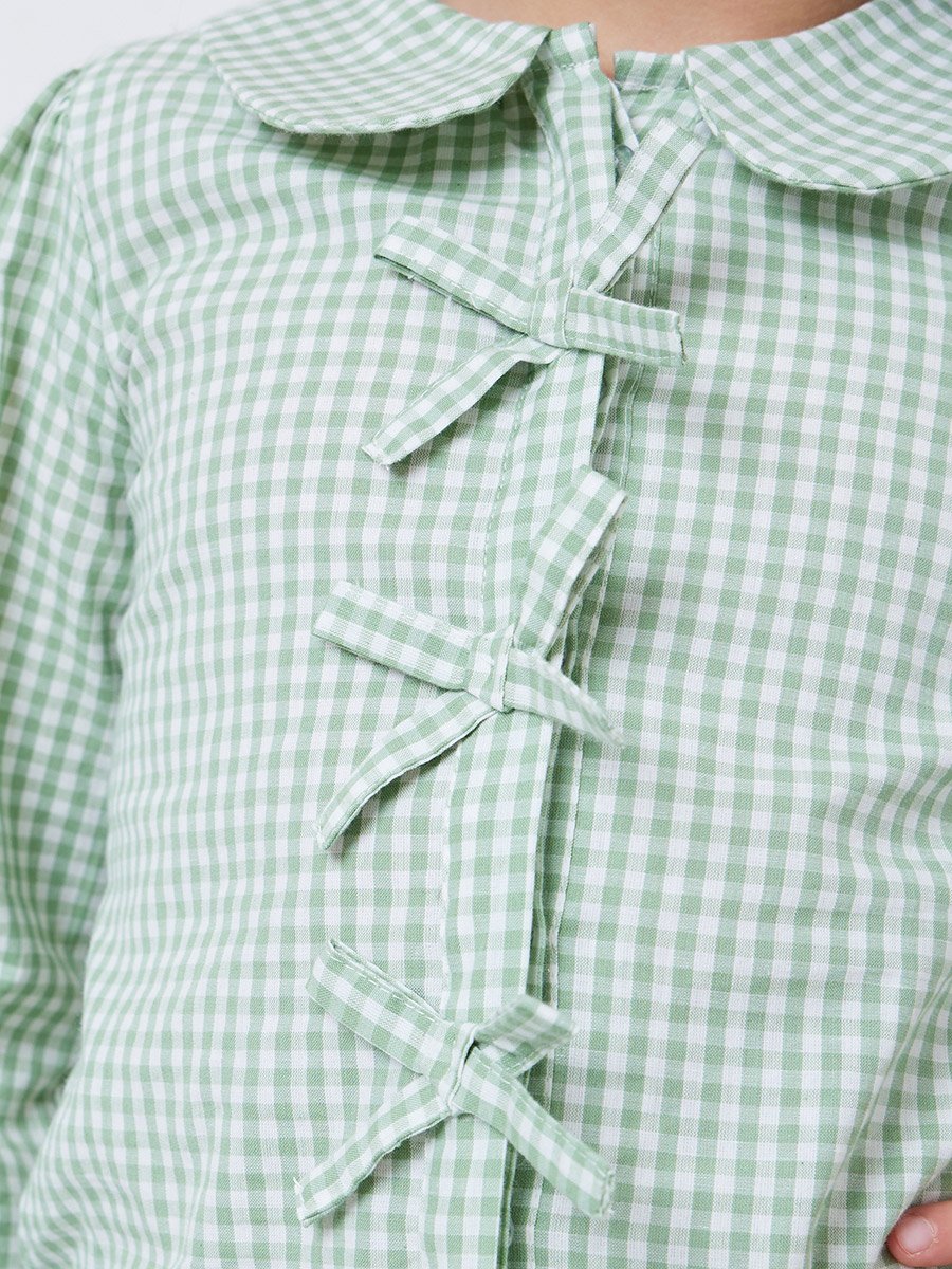 Girls Green Gingham Top with Bow Detail