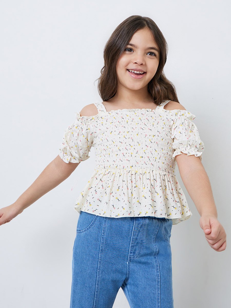 Girls Cream Ditsy Floral Smocked Top