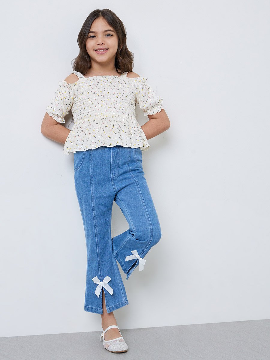 Girls Cream Ditsy Floral Smocked Top