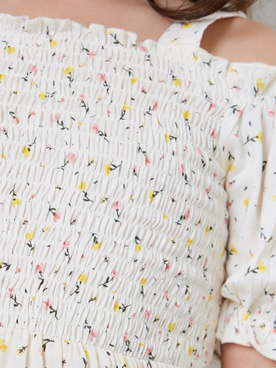 Girls Cream Ditsy Floral Smocked Top