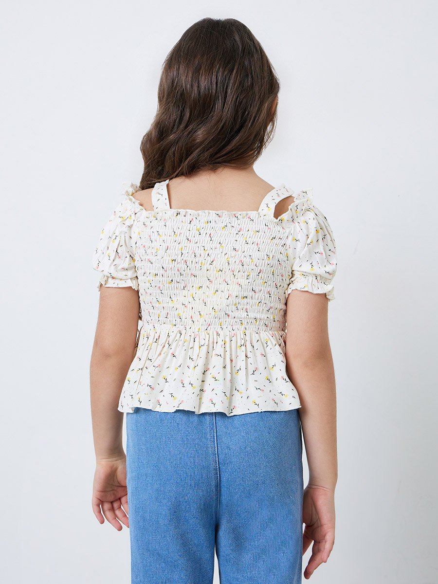 Girls Cream Ditsy Floral Smocked Top