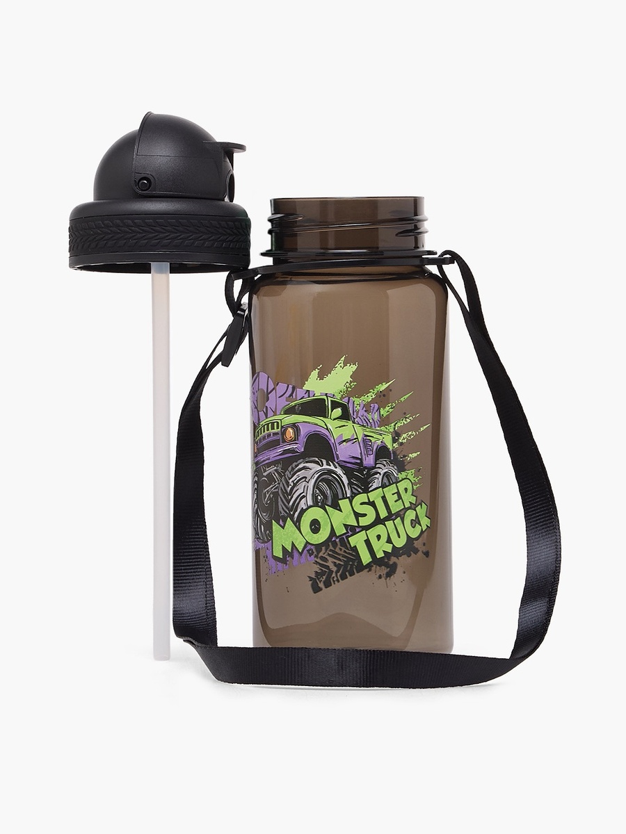 Monster Truck Print Water Bottle with Straw and Flip Lid - 350 ml