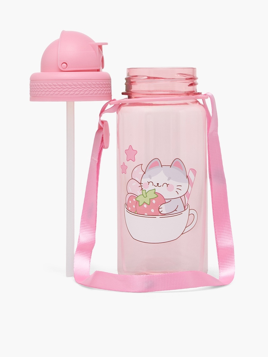 Cat Print Water Bottle with Flip Lid - 350 ml
