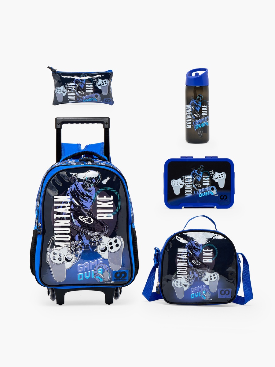 Game Print 5-Piece School Trolley Bag Set with Lunch Bag - 16 inch