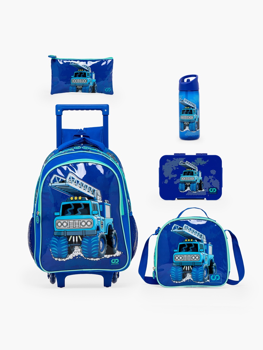 Truck Print 5-Piece School Trolley Bag Set with Lunch Bag - 16 inch