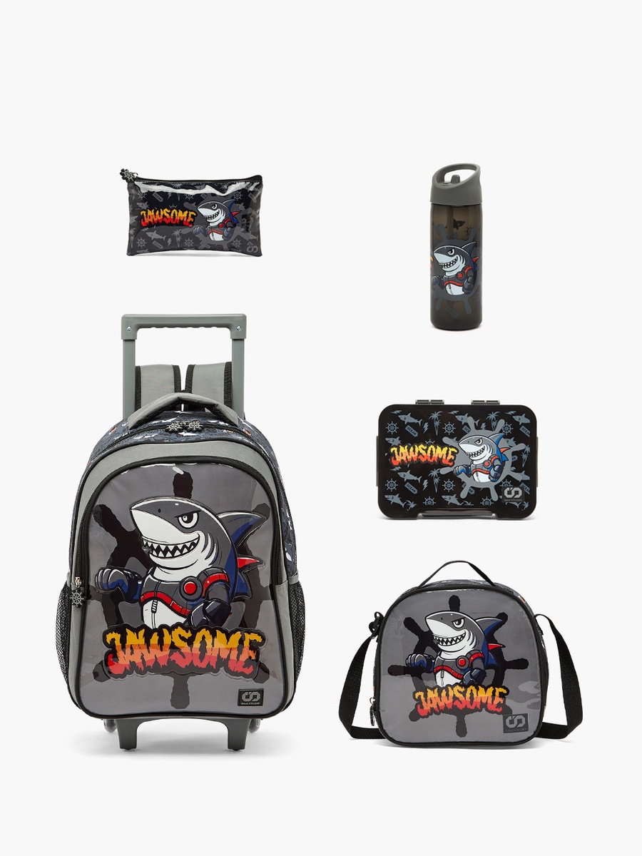 Shark Print 5-Piece School Trolley Bag Set with Lunch Box - 16 inch