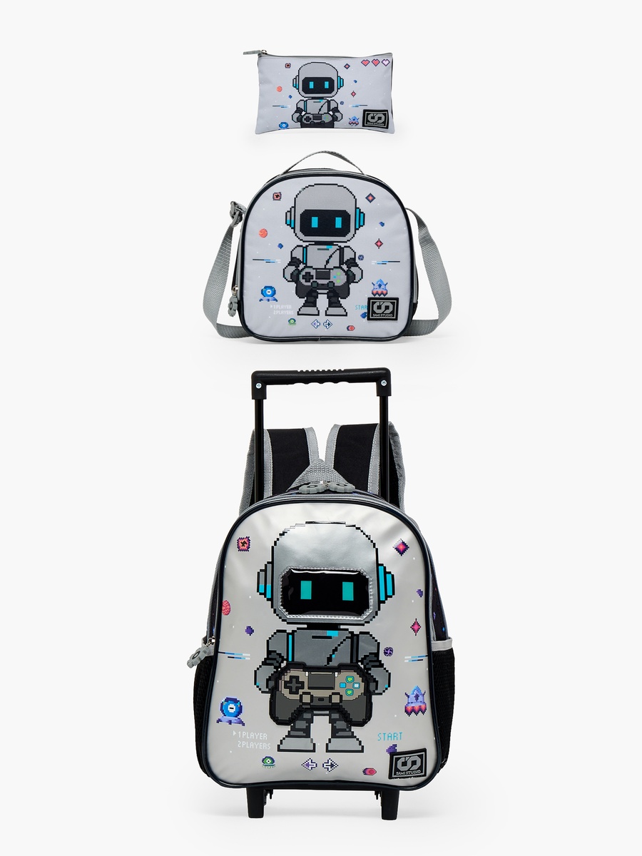 Robot Print 3-Piece School Trolley Bag Set with Lunch Bag - 12 inch