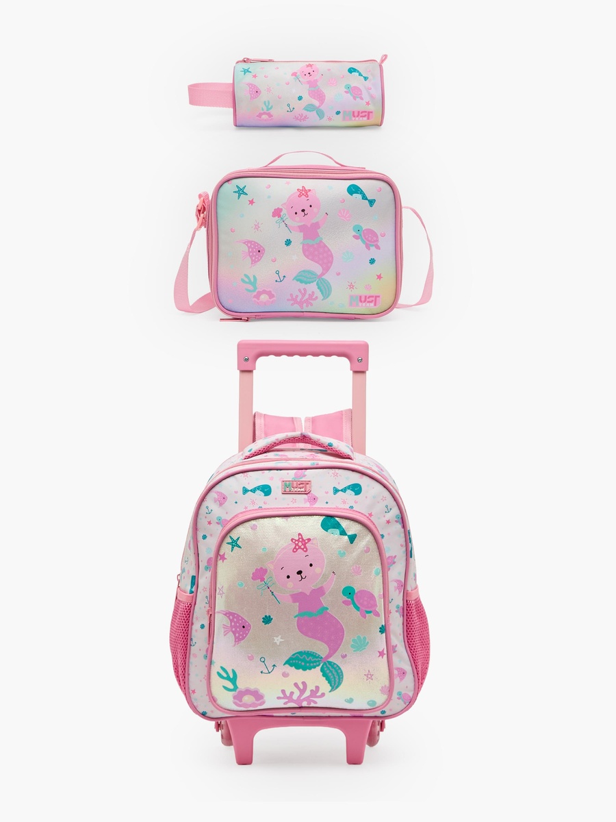 Girls Printed Print 3-Piece School Trolley Bag Set with Lunch Bag - 12 inch