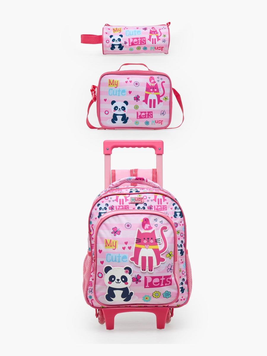 Girls Pets Print 3-Piece Trolley Bag Set with Pencil Case - 12 inch