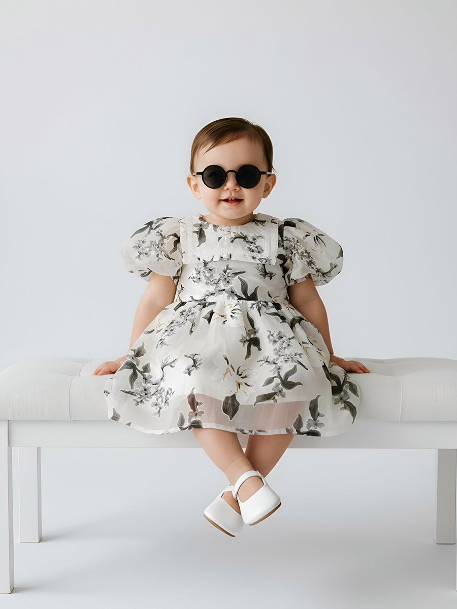 Girls Floral Organza Puff Sleeve Dress