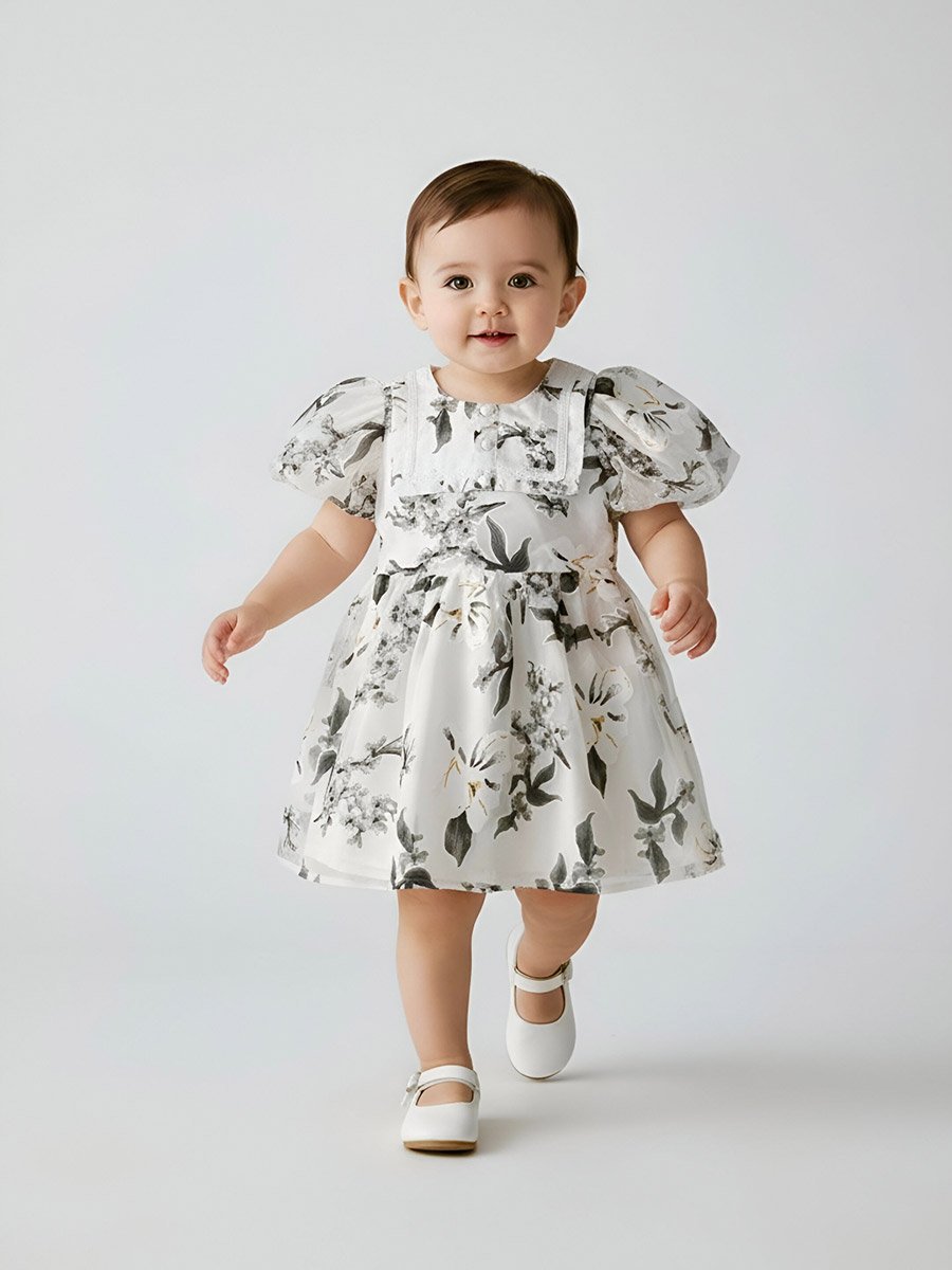 Girls Floral Organza Puff Sleeve Dress