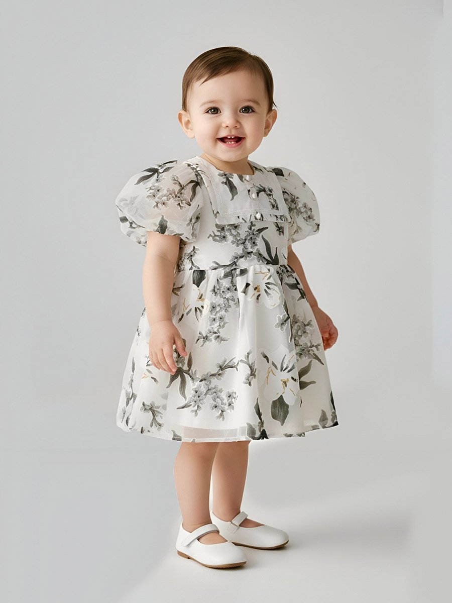 Girls Floral Organza Puff Sleeve Dress