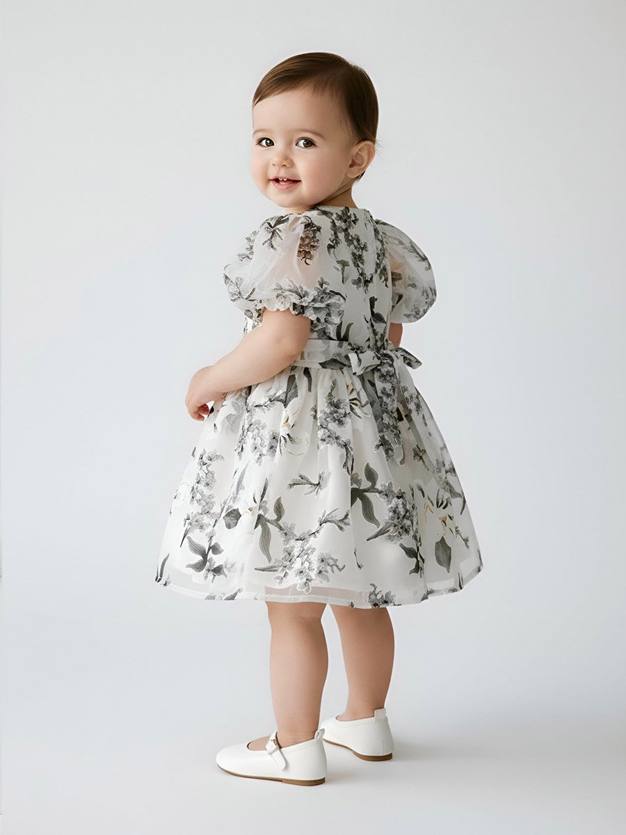 Girls Floral Organza Puff Sleeve Dress