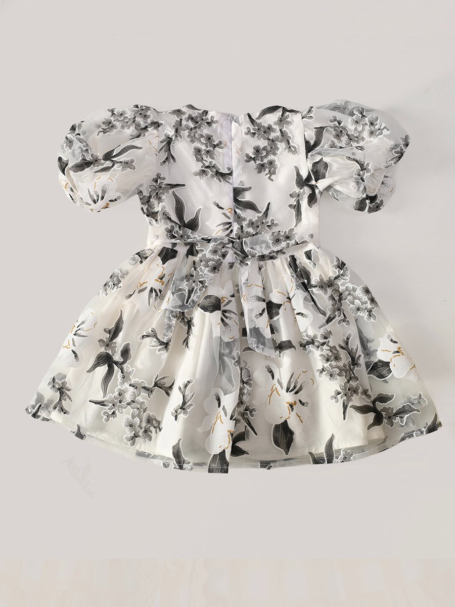 Girls Floral Organza Puff Sleeve Dress