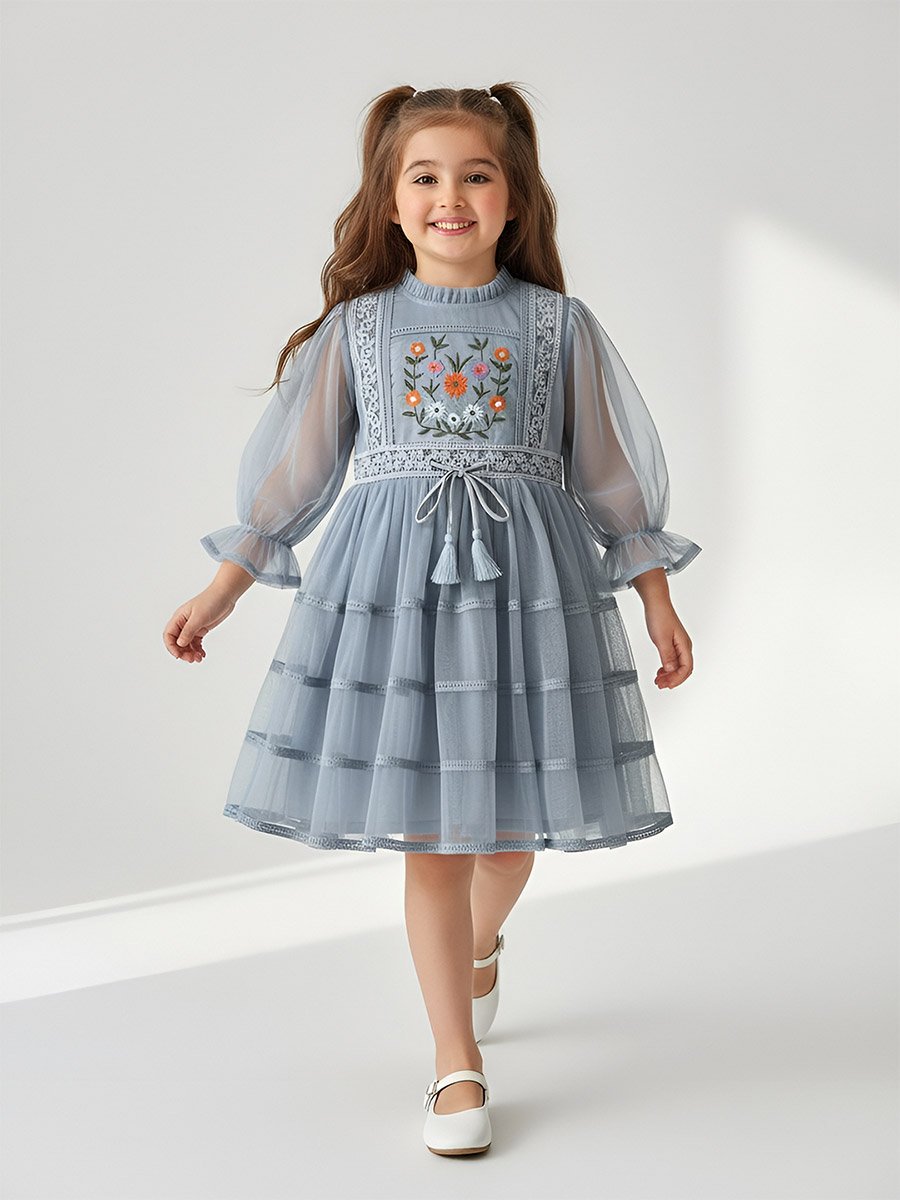 Girls Mesh Embroidered Dress Long Sleeves and Tassel Belt