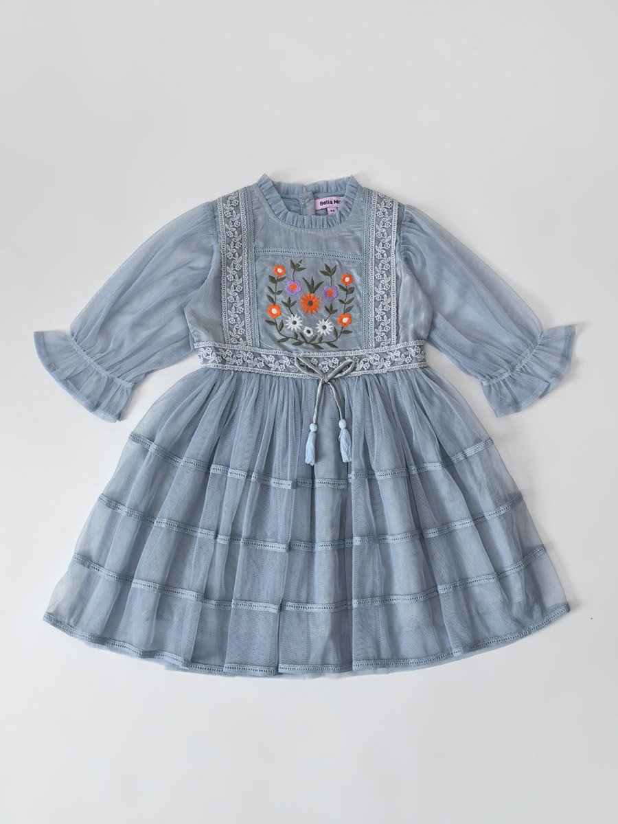 Girls Mesh Embroidered Dress Long Sleeves and Tassel Belt