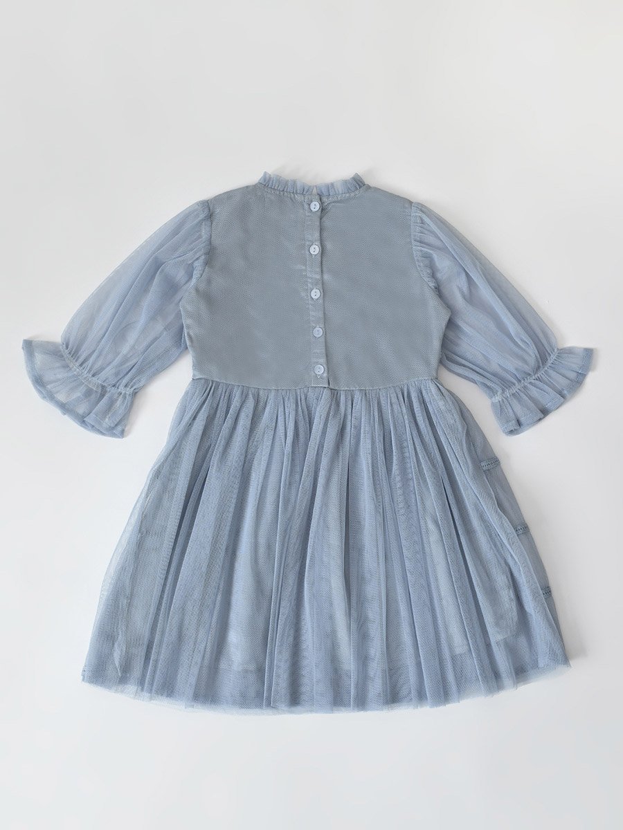 Girls Mesh Embroidered Dress Long Sleeves and Tassel Belt