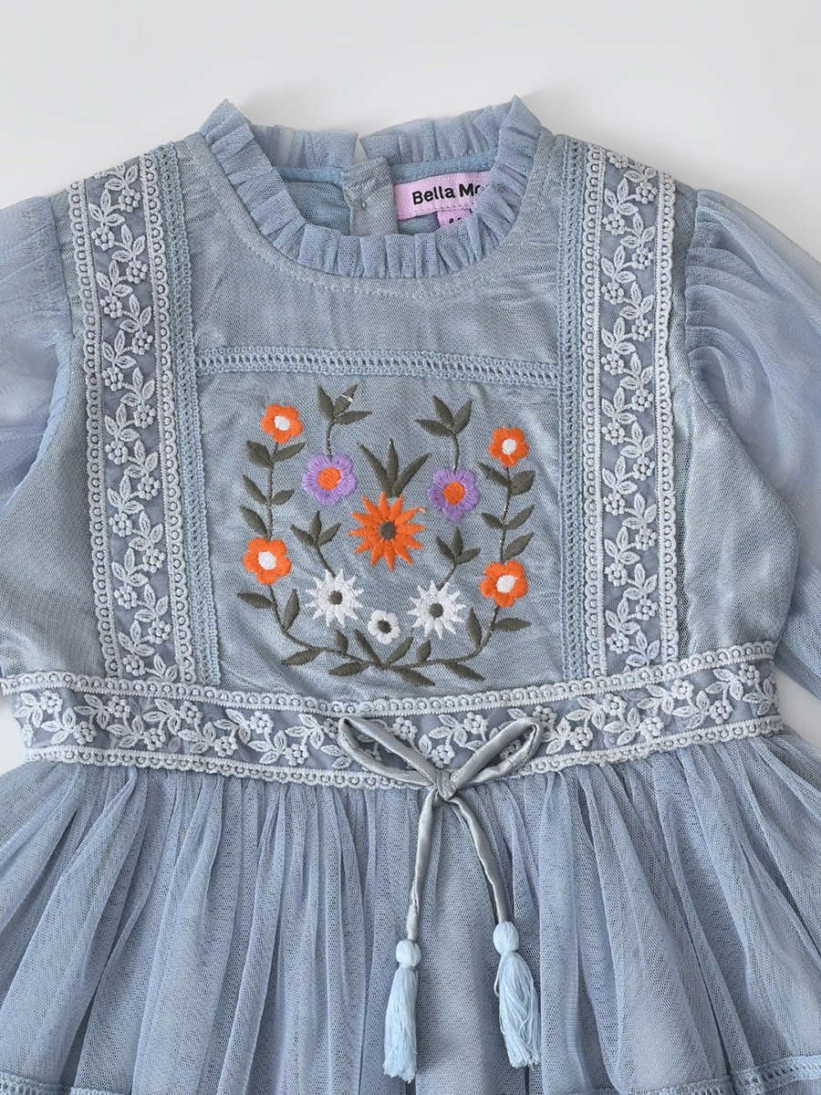 Girls Mesh Embroidered Dress Long Sleeves and Tassel Belt