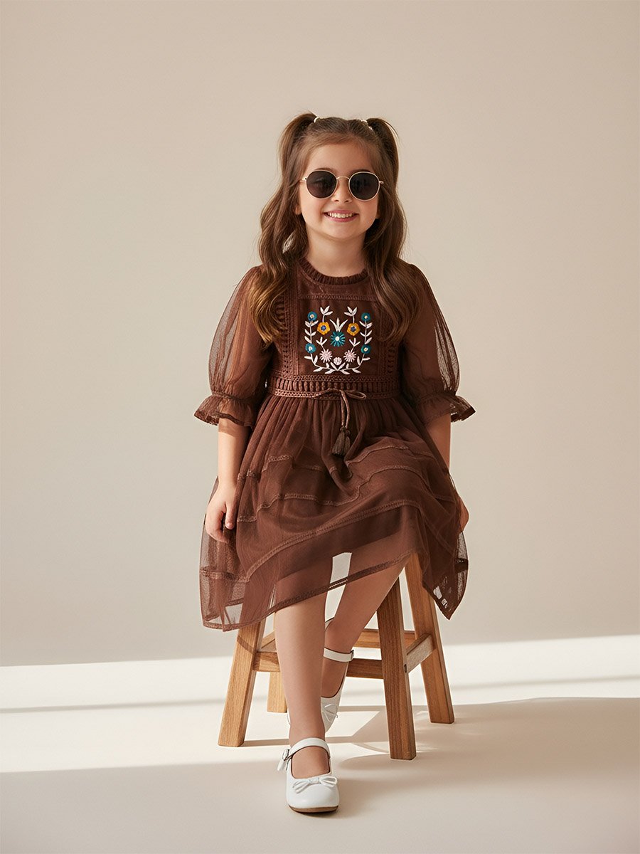 Girls Mesh Embroidered Dress Long Sleeves and Tassel Belt