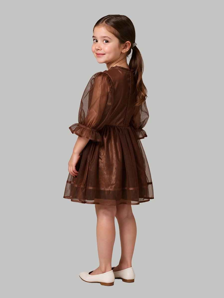 Girls Mesh Embroidered Dress Long Sleeves and Tassel Belt