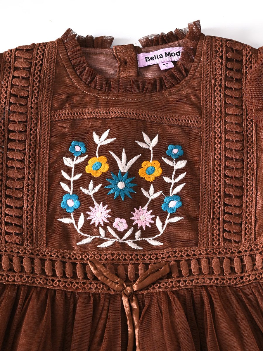 Girls Mesh Embroidered Dress Long Sleeves and Tassel Belt