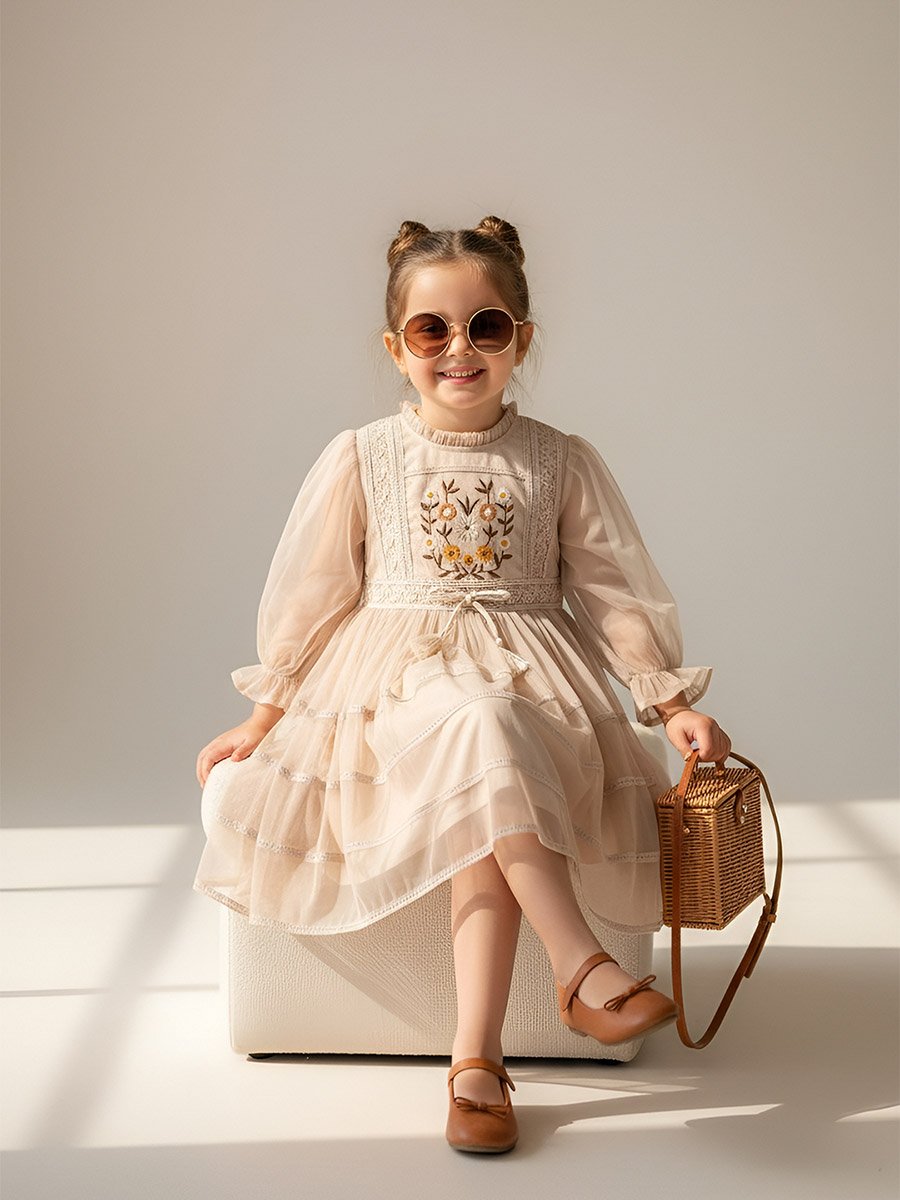 Beige Embroidered Tie-Up Detail A-Line Knee-Length Dress