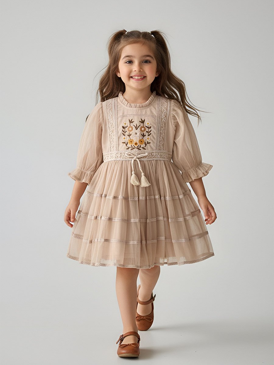 Beige Embroidered Tie-Up Detail A-Line Knee-Length Dress