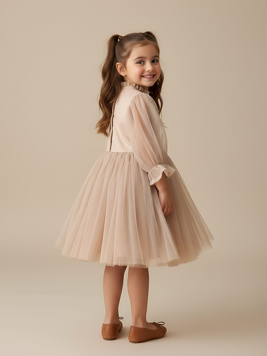 Beige Embroidered Tie-Up Detail A-Line Knee-Length Dress
