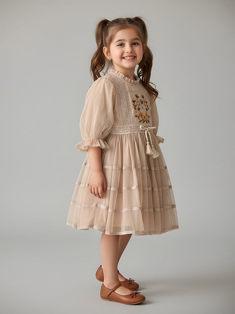 Beige Embroidered Tie-Up Detail A-Line Knee-Length Dress