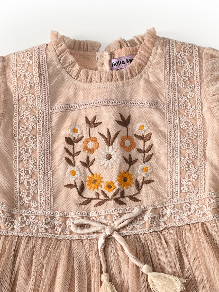 Beige Embroidered Tie-Up Detail A-Line Knee-Length Dress
