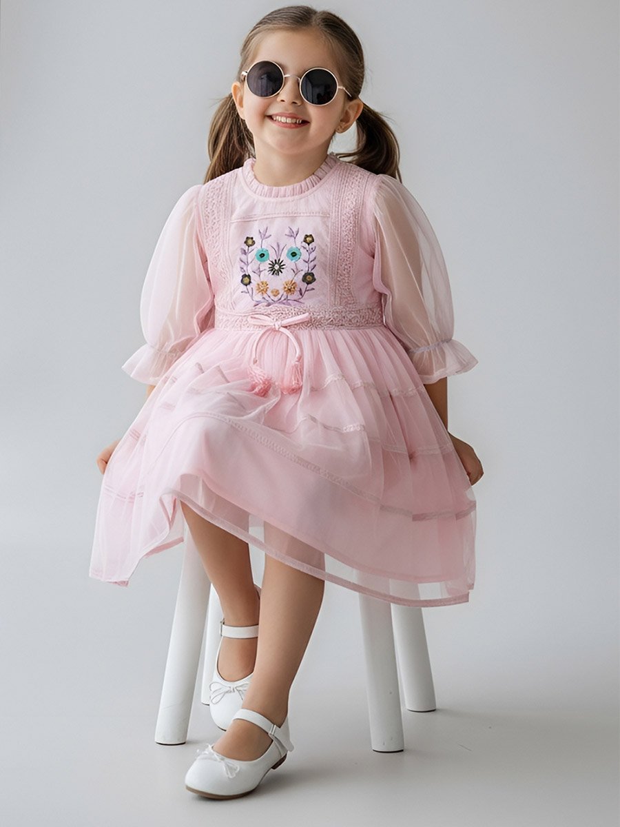 Girls Mesh Embroidered Dress Long Sleeves and Tassel Belt