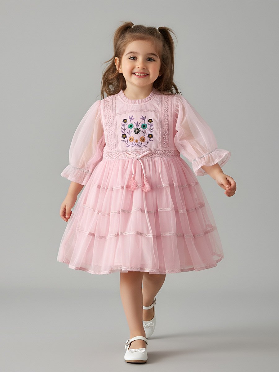 Girls Mesh Embroidered Dress Long Sleeves and Tassel Belt