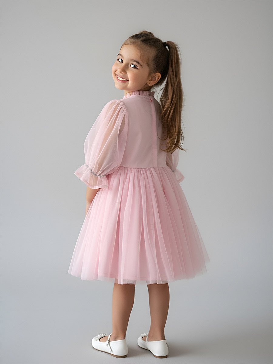 Girls Mesh Embroidered Dress Long Sleeves and Tassel Belt