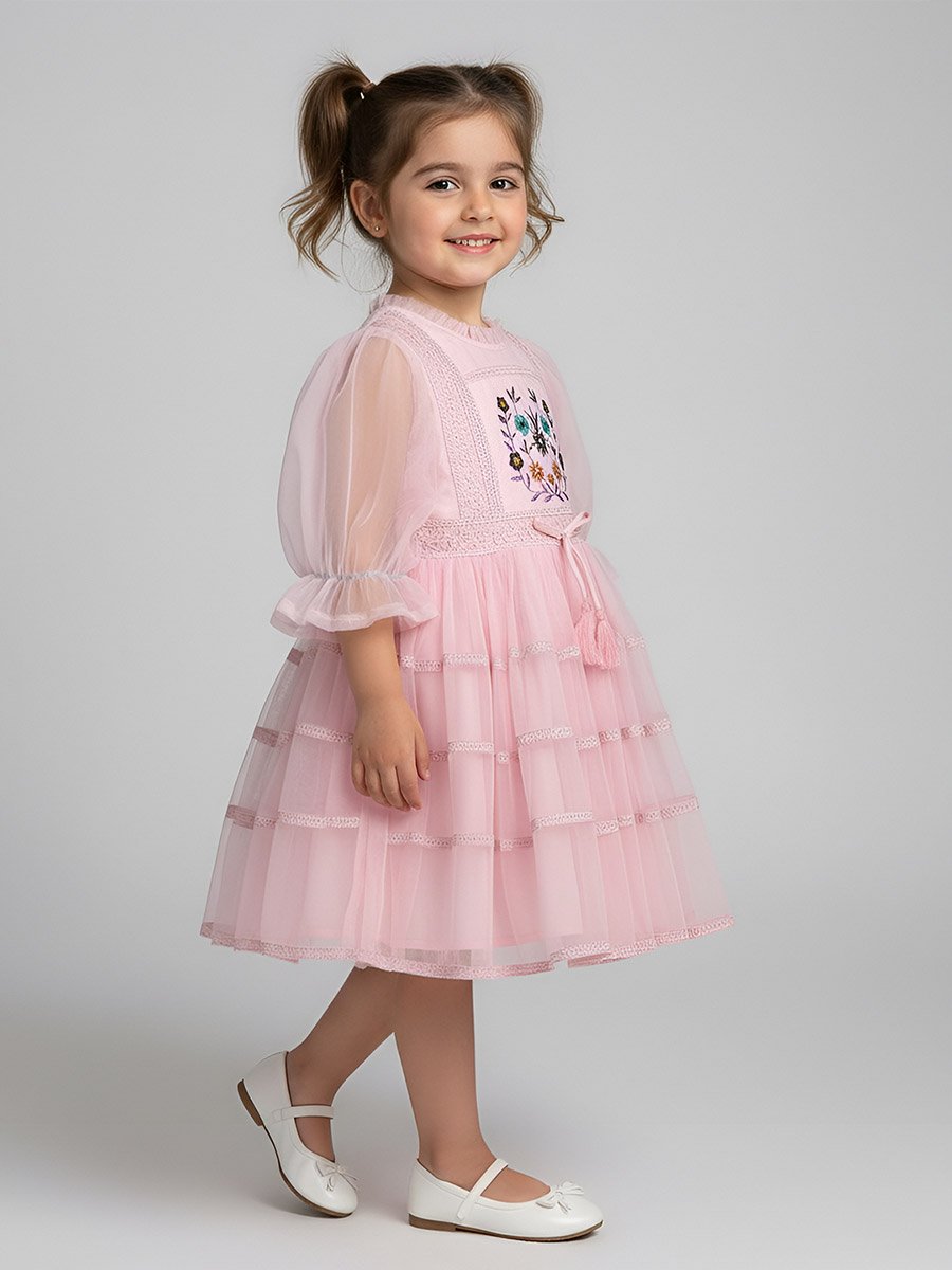 Girls Mesh Embroidered Dress Long Sleeves and Tassel Belt