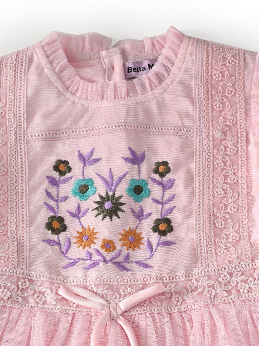 Girls Mesh Embroidered Dress Long Sleeves and Tassel Belt
