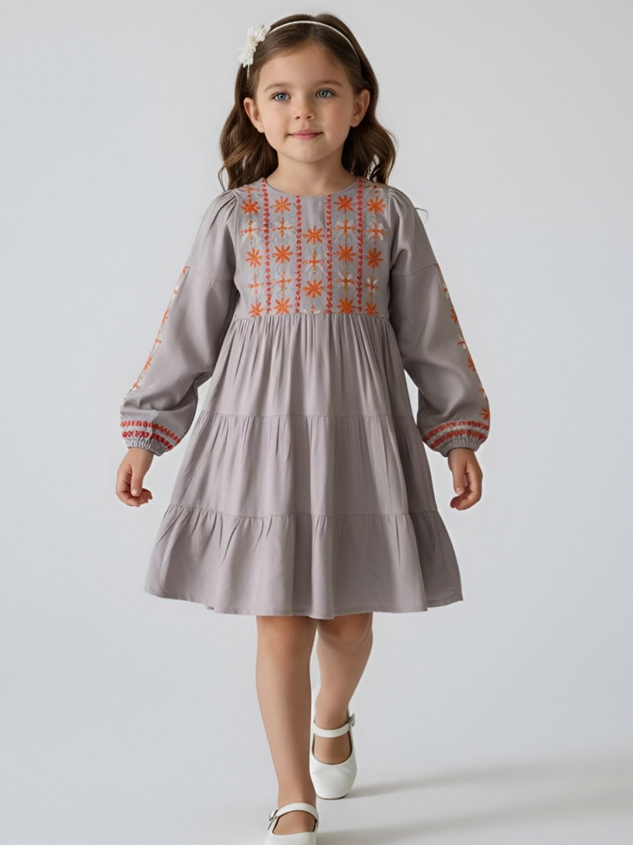 Girls Full Sleeve Multi-Thread Embroidered Tiered Midi Dress