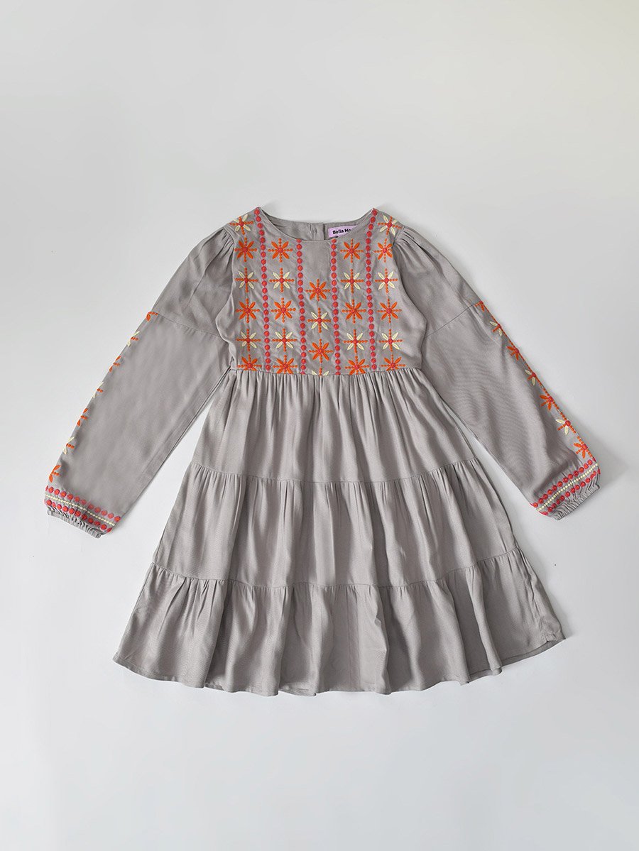 Girls Full Sleeve Multi-Thread Embroidered Tiered Midi Dress