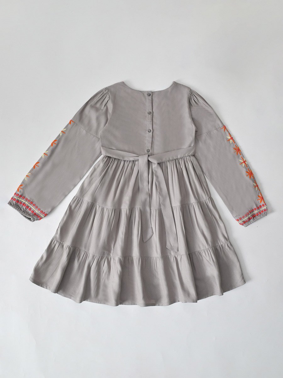Girls Full Sleeve Multi-Thread Embroidered Tiered Midi Dress