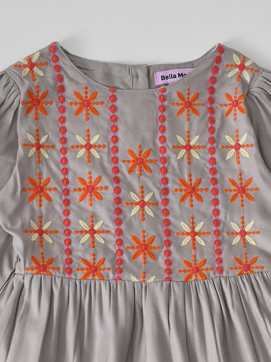 Girls Full Sleeve Multi-Thread Embroidered Tiered Midi Dress