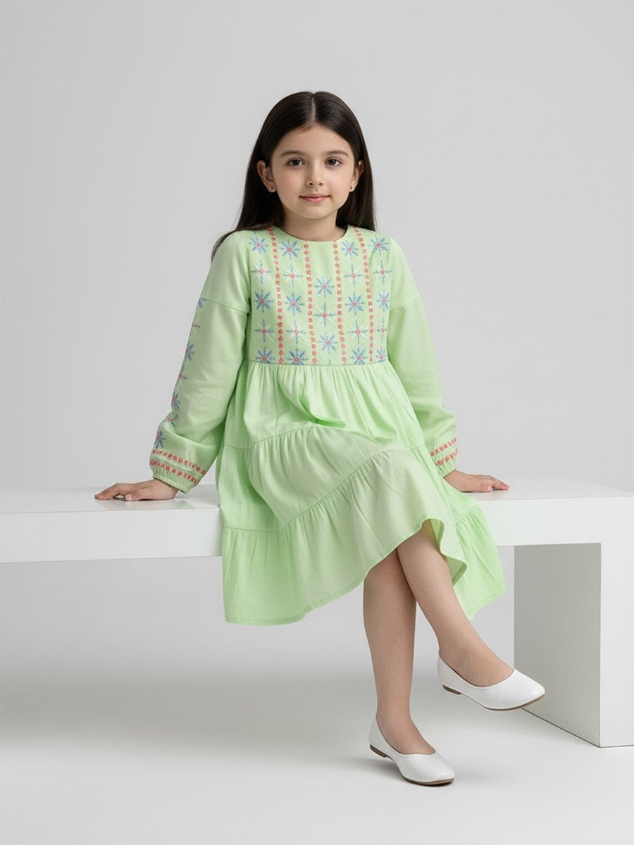 Girls Long Sleeve Embroidered Tiered Midi Dress