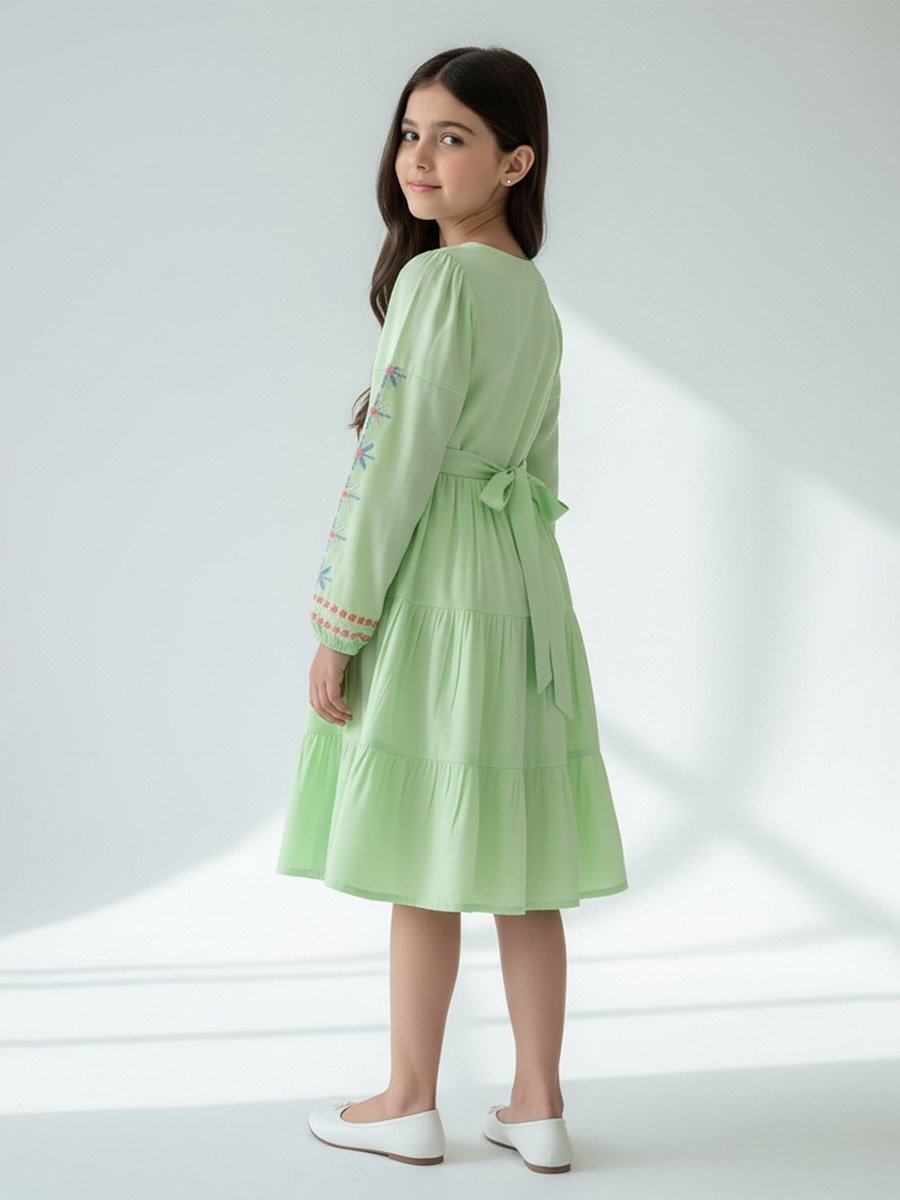 Girls Long Sleeve Embroidered Tiered Midi Dress