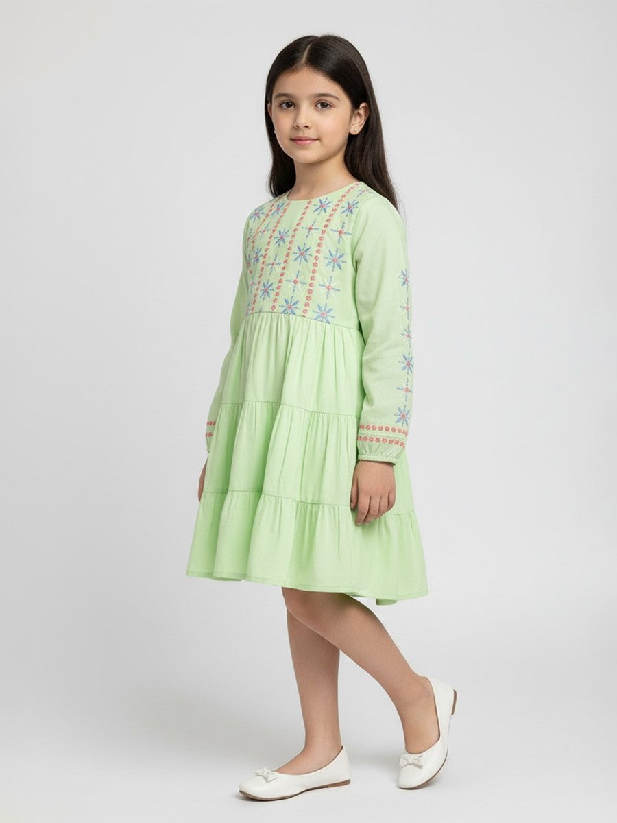 Girls Long Sleeve Embroidered Tiered Midi Dress