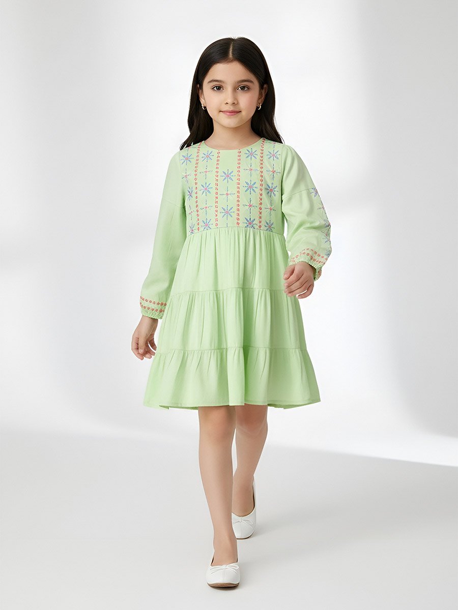 Girls Long Sleeve Embroidered Tiered Midi Dress