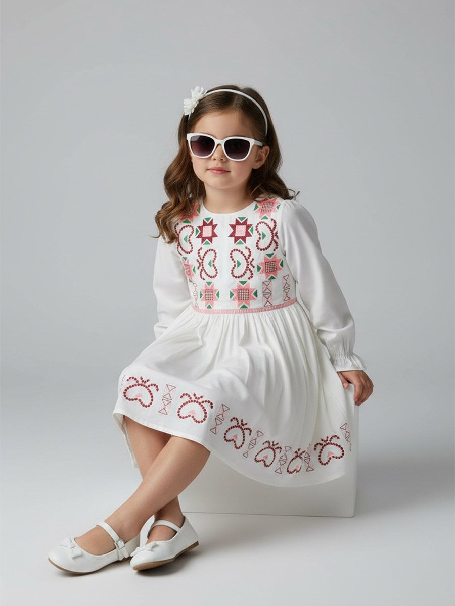 Girls Embroidered Long Sleeve Fit and Flare Dress