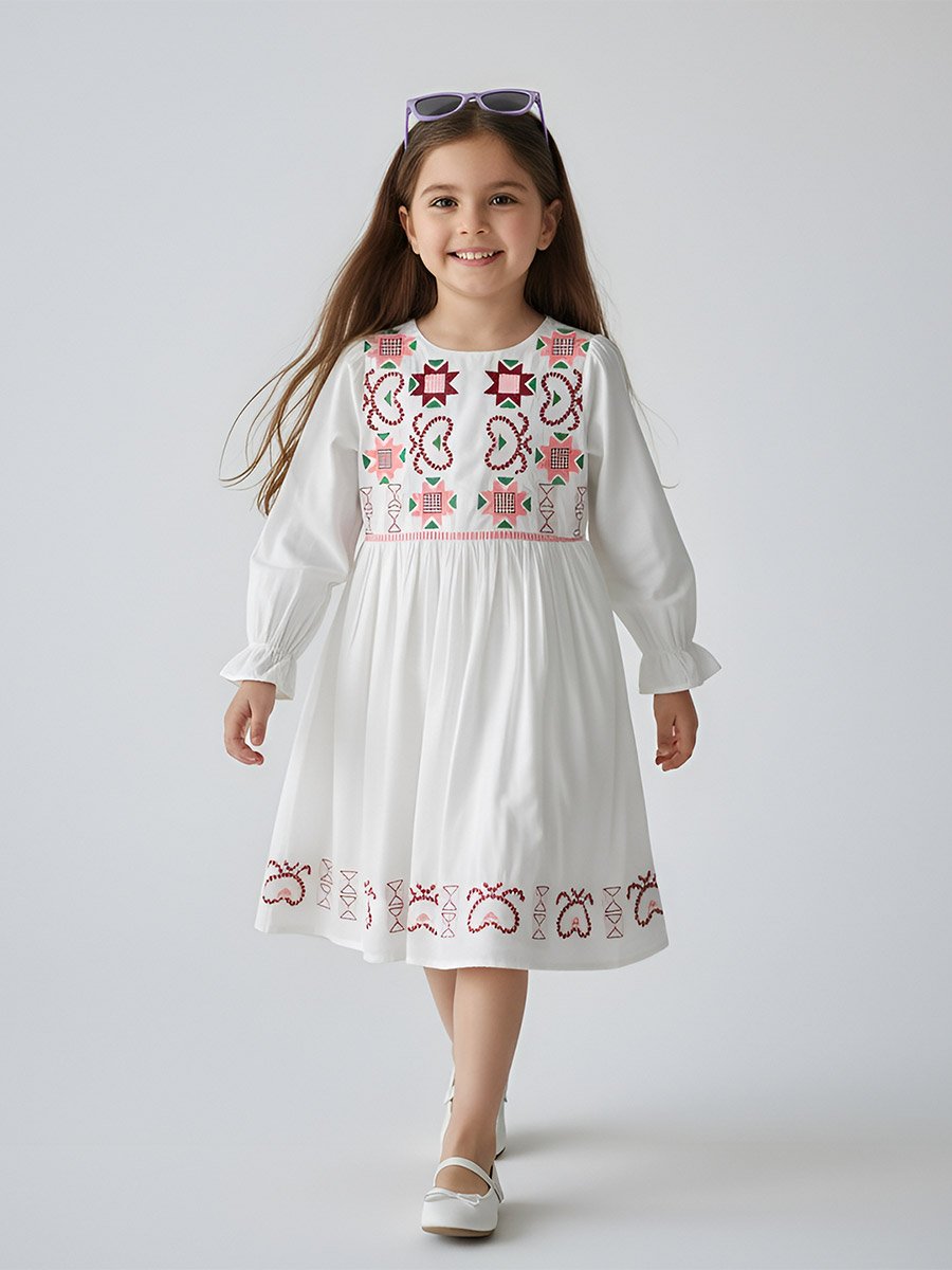 Girls Embroidered Long Sleeve Fit and Flare Dress