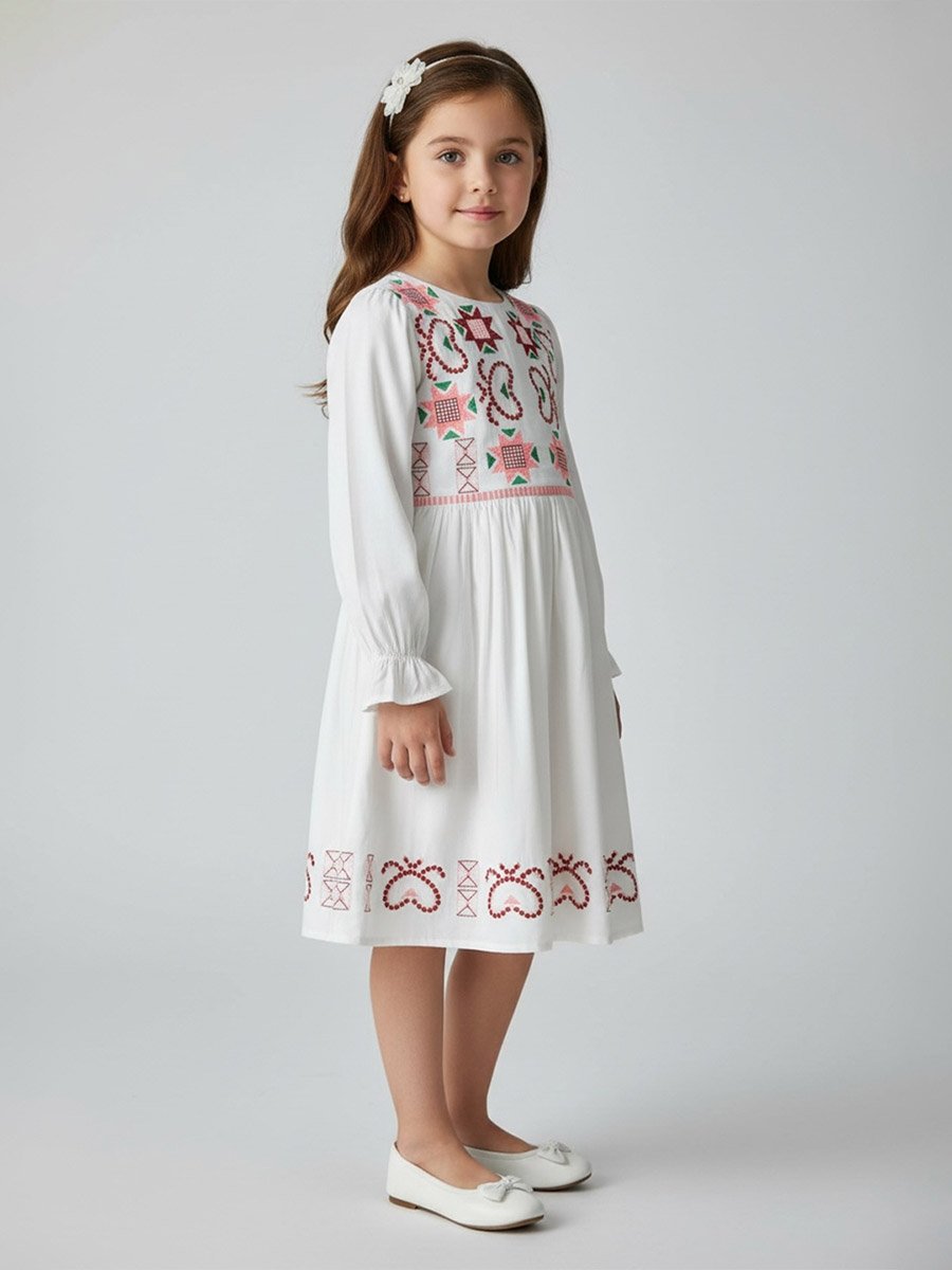 Girls Embroidered Long Sleeve Fit and Flare Dress