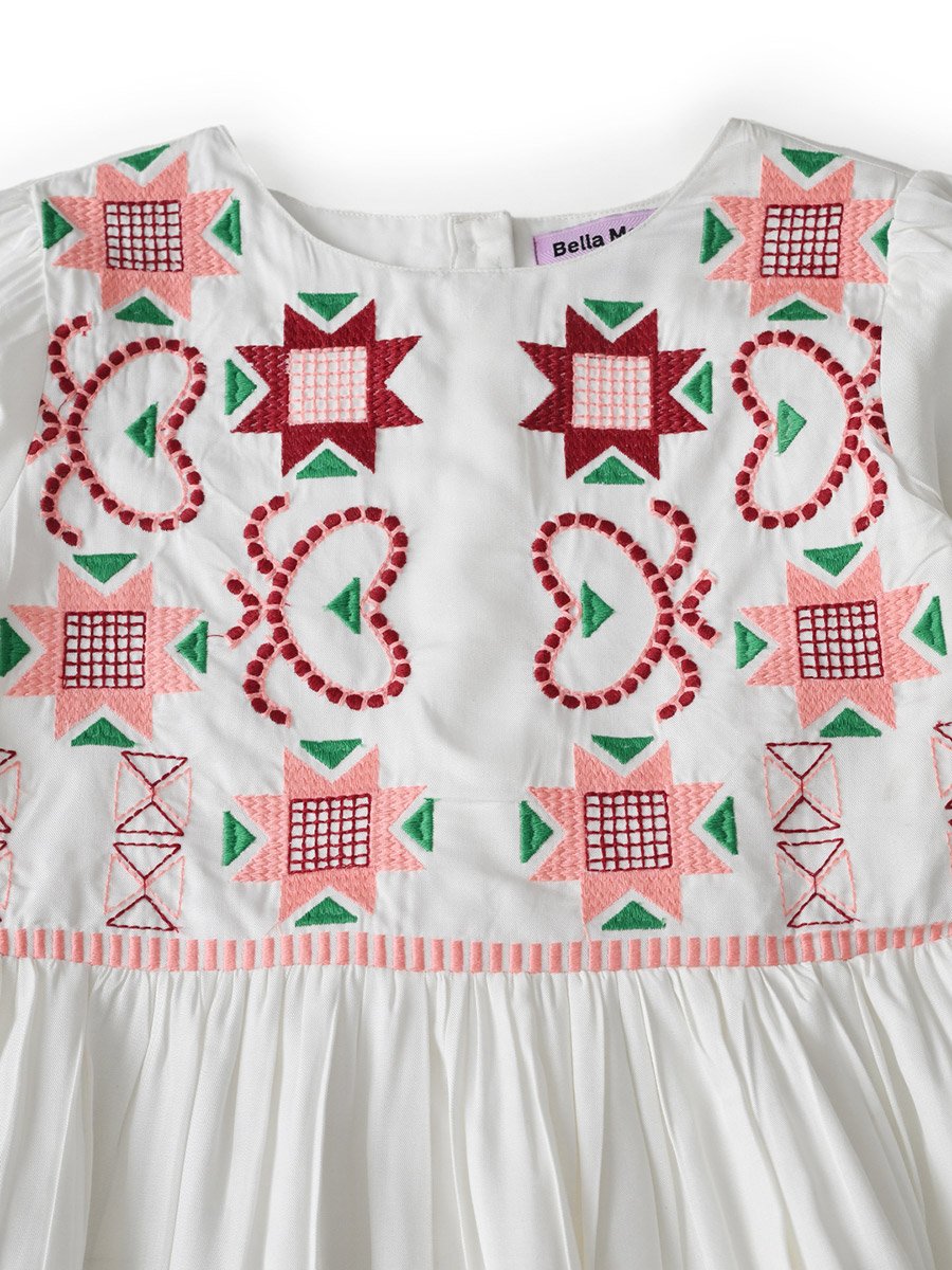 Girls Embroidered Long Sleeve Fit and Flare Dress