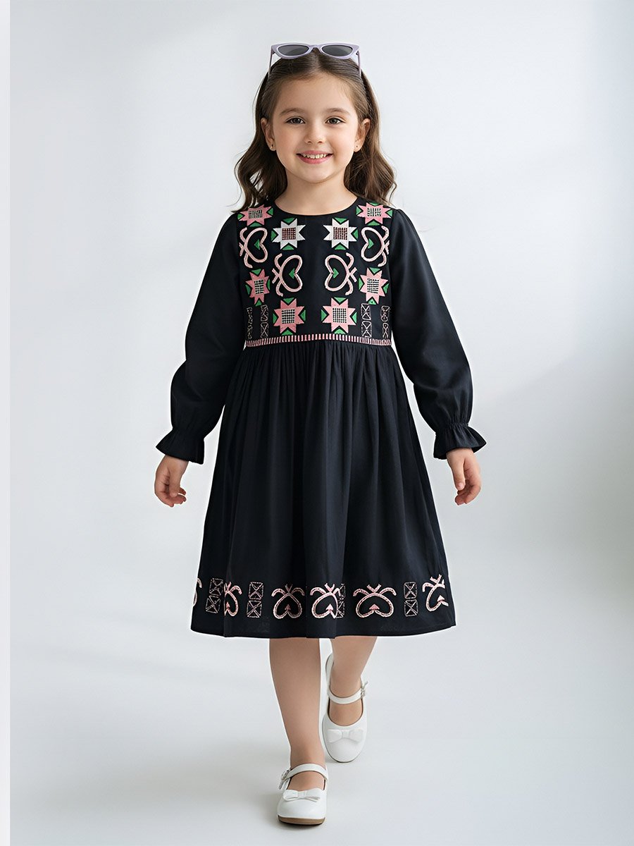 Girls Embroidered Long Sleeve Fit and Flare Dress