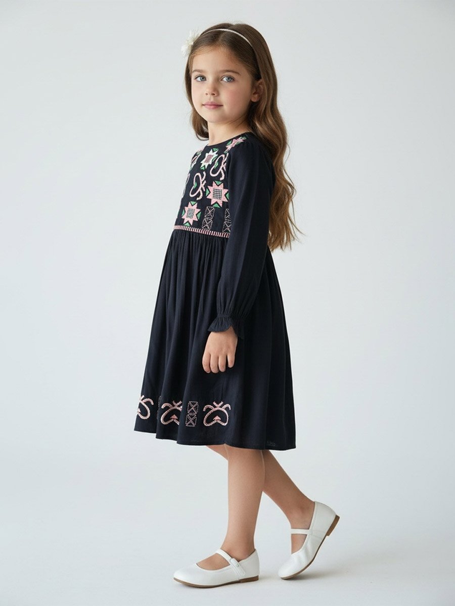 Girls Embroidered Long Sleeve Fit and Flare Dress