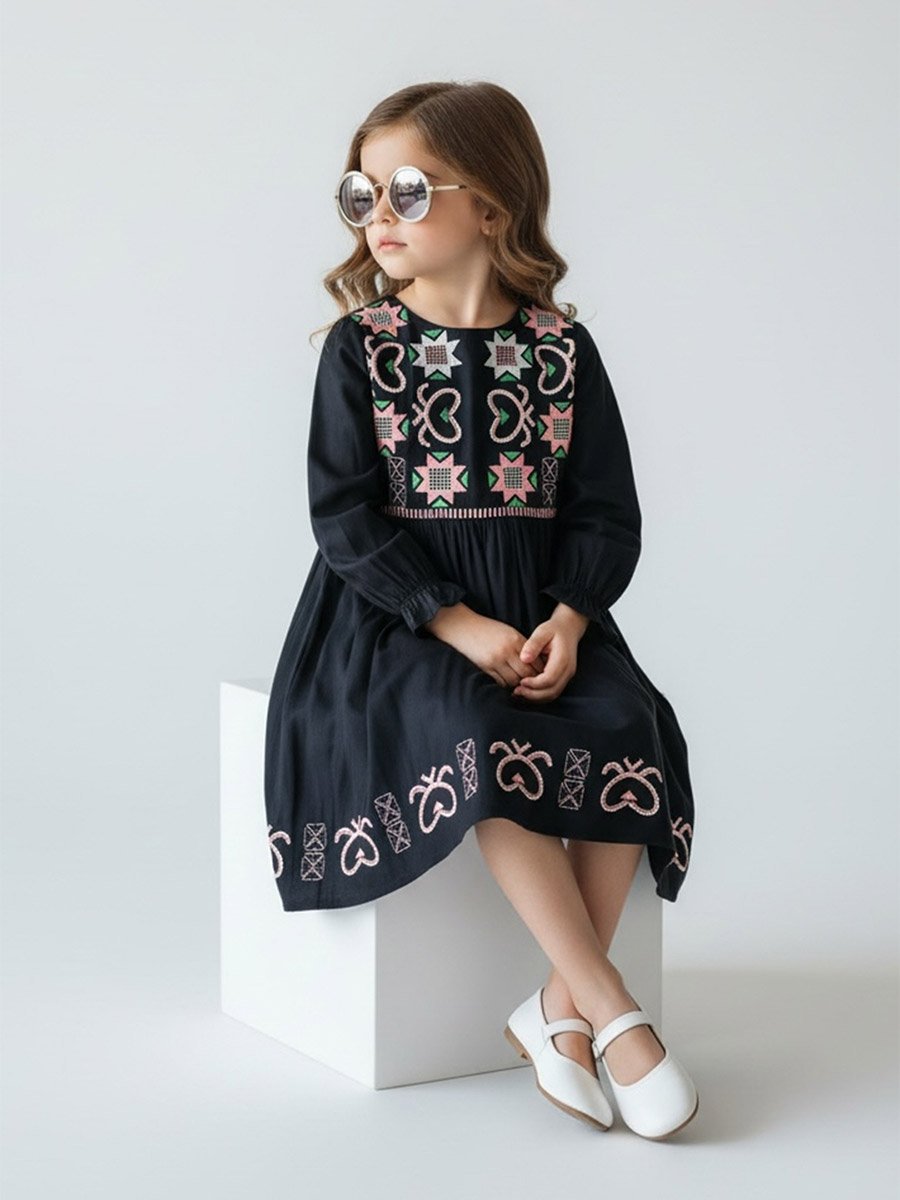 Girls Embroidered Long Sleeve Fit and Flare Dress